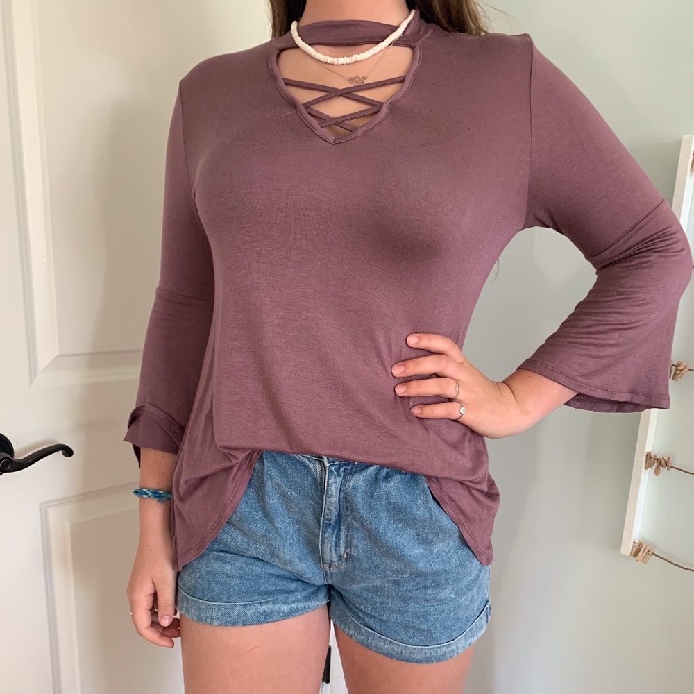 Purple Bell Sleeve Top With Lace Up Front